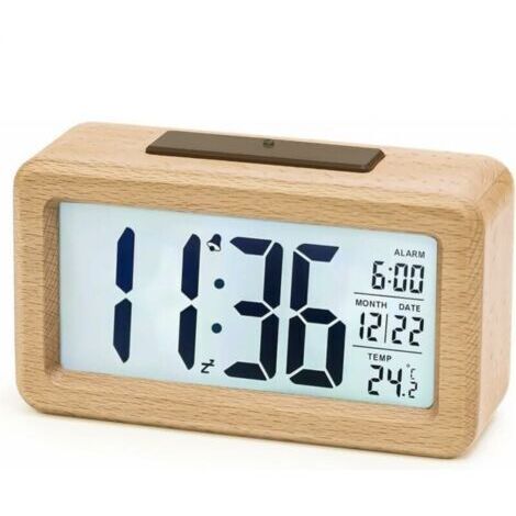 Réveil Numérique en Bois, Réveil LED Horloge Digitale sans Tic-tac avec Affichage Date, Température, Fonction Snooze