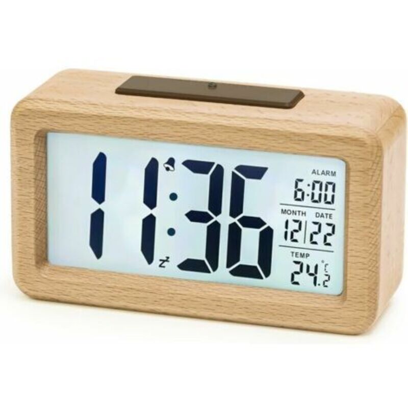 Réveil Numérique en Bois, Réveil led Horloge Digitale sans Tic-tac avec Affichage Date, Température, Fonction Snooze, Horloge Numérique Alimenté par