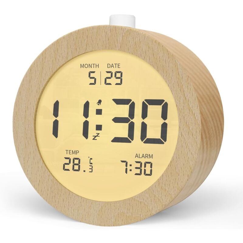 Réveil Numérique en Bois, Réveil Matin LCD Horloge Numérique avec Affichage Date, Température, Snooze, Rétro-éclairage, Horloge Digitale Alimenté par