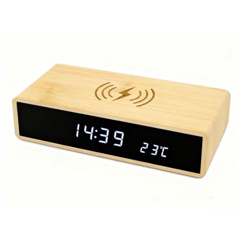 Réveil Numérique en Bois, Station de Charge Rapide sans Fil pour Tous Les Types de Téléphones Intelligents, Horloge LED en Bambou Exquise Multifonction à la Mode avec 3 Jeux de