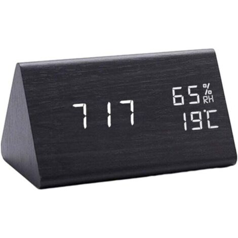 Réveil numérique en bois, température et humidité, affichage LED transparent, horloge de chevet en bois (noir)
