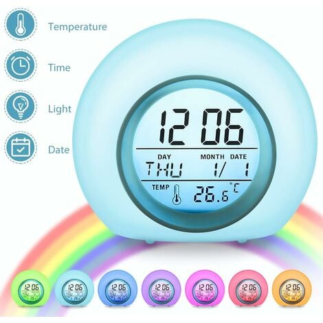 Réveil Numérique Enfant 7 Couleurs Lampe Réveil Enfant avec Calendrier et Thermomètre, Horloge Créatif Rond Réveil avec LED Veilleuse Lumière pour Enfant Bébé (Couleur)