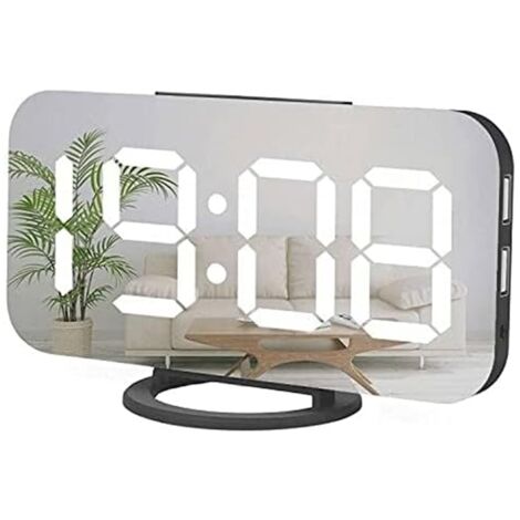 Réveil numérique, grand cadran miroir LED, fonction snooze, veilleuse tamisée, 2 ports de chargement USB, réveil de bureau pour la décoration de la chambre (noir)