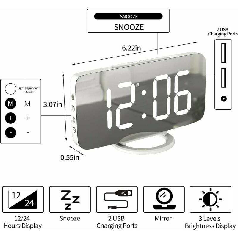 Alovez - Réveil numérique, grand écran led miroir, mode veille, horloge de bureau murale pour chambre à coucher (blanc)