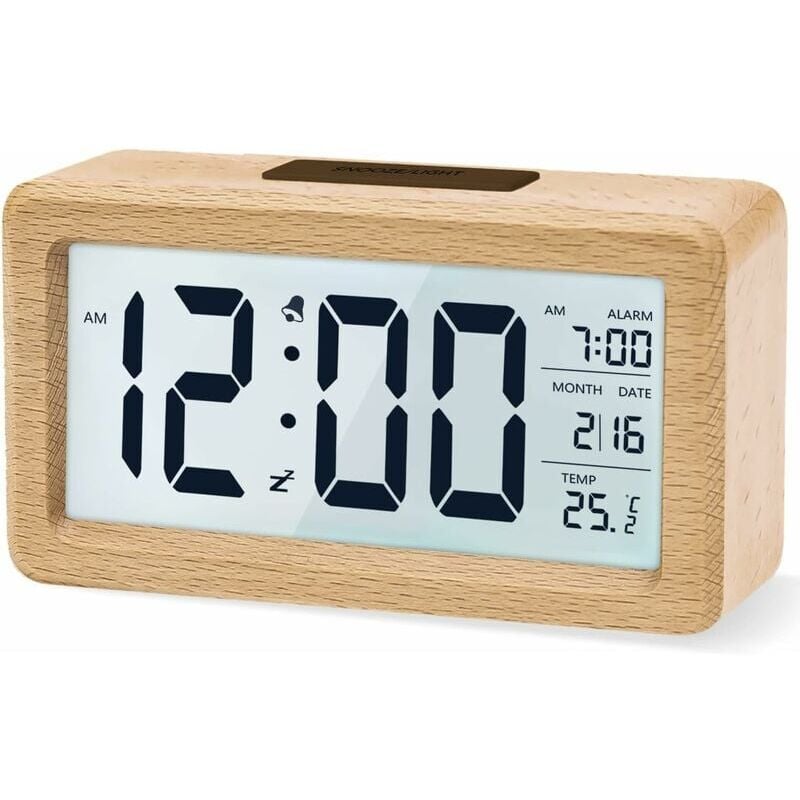 SNQ - Réveil numérique, horloge de chevet en bois avec grand écran lcd rétroéclairé, température, fonction Snooze, capteur de luminosité, 3 piles