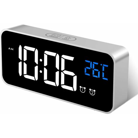 Réveil Numérique, Horloge Digitale Réveil Miroir LED Aver Température/Snooze/ 2 Alarme, Luminosité et Son Réglable, Activation Sonore, Charge des Ports USB, Argent GrooFoo