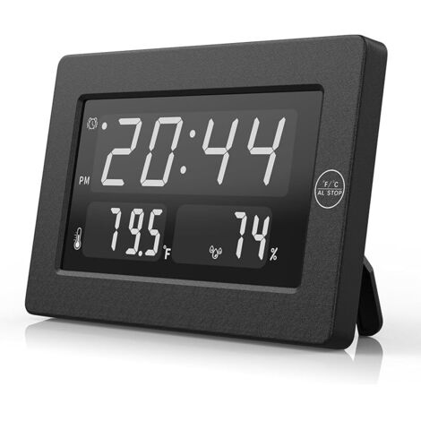 Réveil numérique, horloge murale, horloge de bureau à piles – Température, humidité, 12/24 heures, 3 niveaux de luminosité, horloge de table pour table de chevet, chambre à coucher