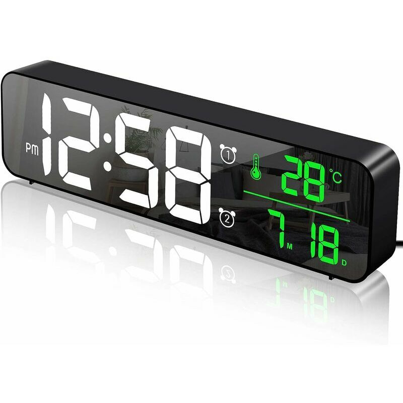 Réveil numérique, horloge murale matin réveil LED grand écran numérique miroir avec date température, 2 alarmes, 40 musiques, 6 luminosités