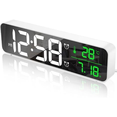 AMRINUGL Réveil Numérique, Horloge Murale Réveil Matin LED Digital Miroir Grand Ecran avec Température Date, 2 Alarme, 40 Musique, 6 Luminosité Variable, USB Clock pour Maison Bureau, Blanc