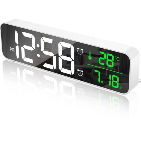 Réveil Numérique, Horloge Murale Réveil Matin LED Digital Miroir Grand Ecran avec Température Date, 2 Alarme, 40 Musique, 6 Luminosité Variable, USB Clock pour Maison Bureau, Blanc
