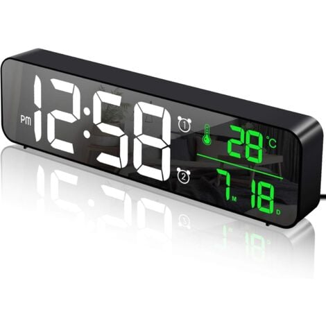 ERSANDY Réveil Numérique, Horloge Murale Réveil Matin LED Digital Miroir Grand Ecran avec Température Date, 2 Alarme, 40 Musique, 6 Luminosité Variable, USB Clock pour Maison Bureau, Noir