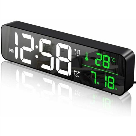 Réveil Numérique, Horloge Murale Réveil Matin LED Digital Miroir Grand Ecran avec Température Date, 2 Alarme, 40 Musique, 6 Luminosité Variable, USB Clock pour Maison Bureau, Noir