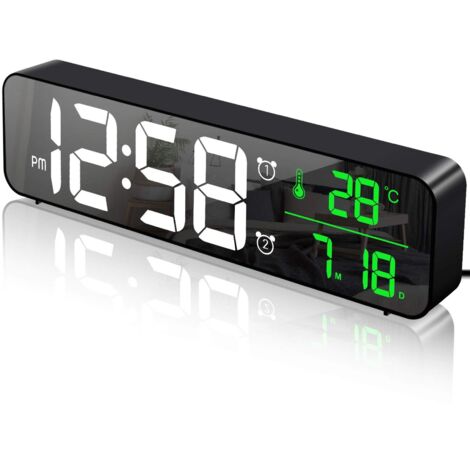 Réveil Numérique, Horloge Murale Réveil Matin LED Digital Miroir Grand Ecran avec Température Date, 2 Alarme, 40 Musique, 6 Luminosité Variable, USB Clock pour Maison Bureau, Noir