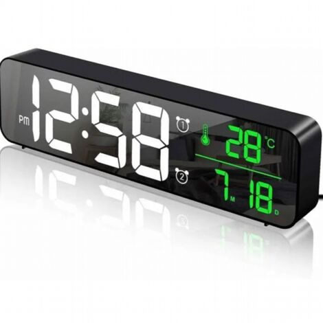 Réveil Numérique, Horloge Murale Réveil Matin LED Digital Miroir Grand Ecran avec Température Date, 2 Alarme, 40 Musique, Noir