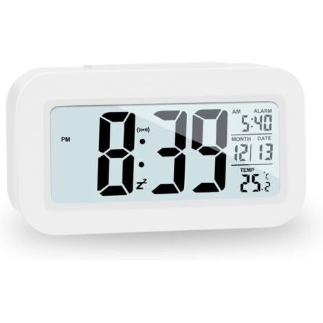 Réveil numérique, horloge numérique à piles, réveil silencieux pour enfants et adultes, grand écran LED, calendrier de température (blanc)