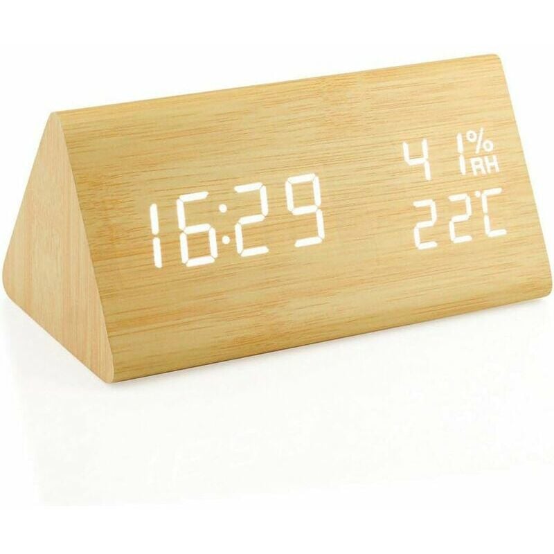 Lablanc - Réveil numérique, horloge numérique en bois alimentée par usb, luminosité réglable, fonction Snooze, température, humidité