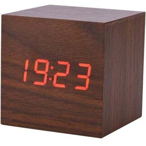 Réveil numérique, horloge numérique LED avec affichage de la date, température, 3 alarmes, 4 niveaux de luminosité, alimenté par batterie ou USB [Bois brun, lumière rouge]