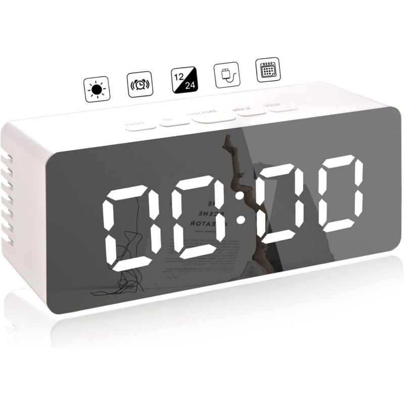 Réveil numérique, horloge numérique led avec affichage de la température, réveil miroir portable, 12/24 heures, port de charge usb (blanc) Fei Yu