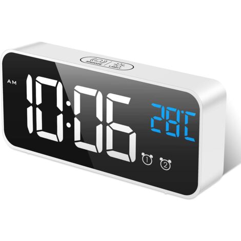 Réveil numérique, horloge numérique réveil matin miroir LED grand écran température moyenne, luminosité et son réglables, activation du son, horloge de charge USB pour bureau à domicile, blanc