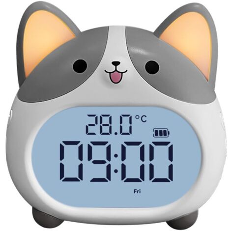 Réveil numérique, joli réveil Corgi, avec 2 fonctions de réveil et fonction snooze, rechargeable par USB, avec veilleuse et écran LED, lampe de chevet avec réveil (gris)