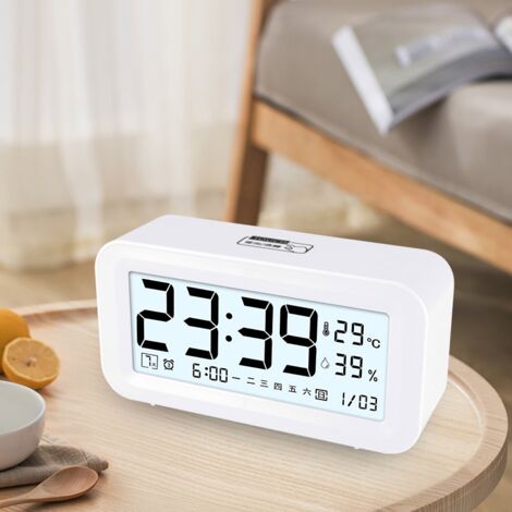 Réveil numérique LCD de chevet, réveil intelligent pour enfants et étudiants, réveil lumineux, réveil pour personnes âgées, blanc.