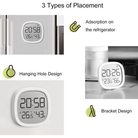 Réveil numérique LCD magnétique avec thermomètre, affichage de la date, de la température et de l'humidité, à fixer au mur. Format 12/24 heures. Idéal pour la maison, la cuisine et le bureau (blanc).