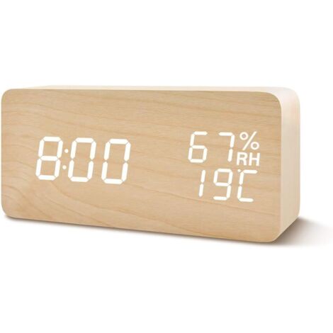 Réveil numérique LED avec affichage de la date, de l'humidité et de la température, aspect bois, décoration