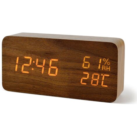 Réveil numérique LED avec affichage de la date, de l'humidité et de la température, aspect bois, décoration