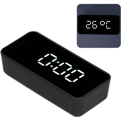Réveil numérique LED avec affichage de la température, capteur de lumière automatique, horloge miroir USB noire