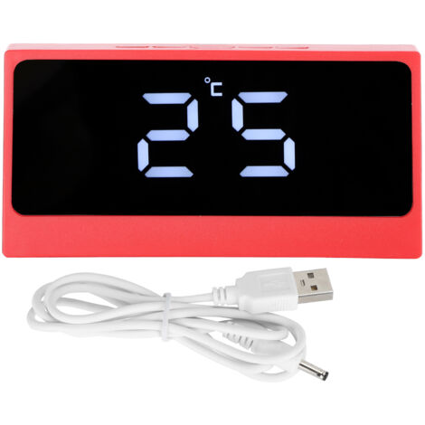 Réveil Numérique LED avec Grand Écran, Affichage Silencieux de la Température et Date, Miroir de Maquillage Lumineux (Rouge)