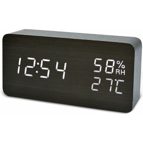 Réveil numérique LED Date Humidité Température Aspect Bois Horloge Décorative Réveil (Noir)