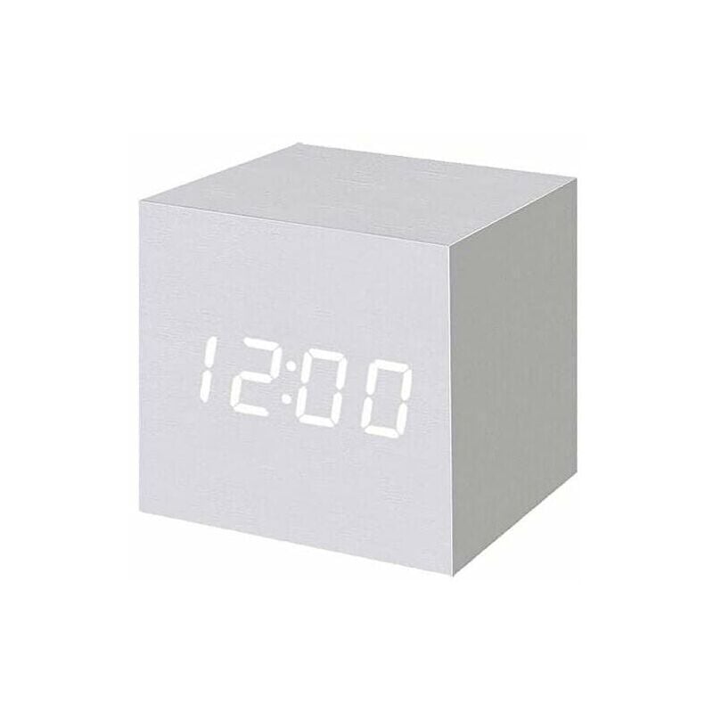 Réveil numérique LED en bois, horloge cube numérique avec affichage de la date et de la température, prise USB/batterie (blanc)