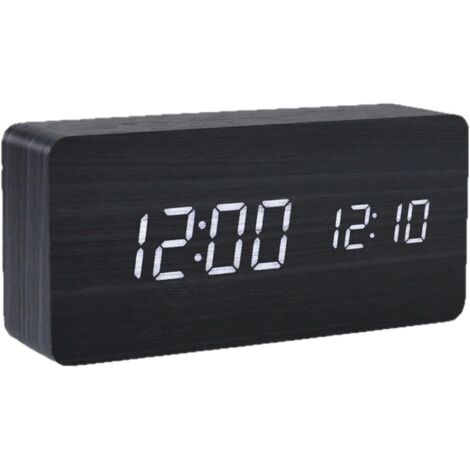 Réveil numérique LED en bois, horloge de chevet en bois avec grand écran LCD, heure, date, affichage de la température (noir)