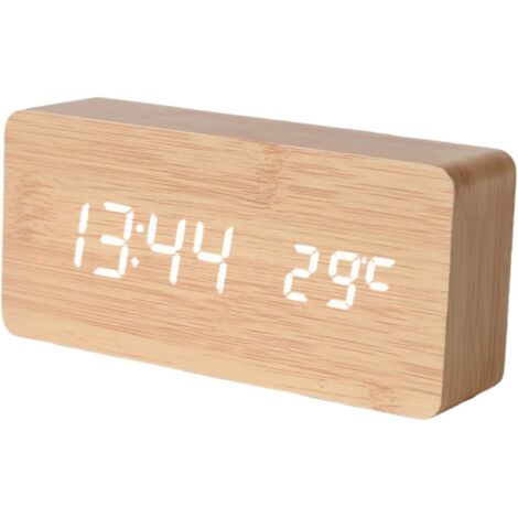 Réveil numérique LED en bois, horloge de chevet en bois avec grand écran LCD, heure, date, affichage de la température(jaune，lumière blanche)
