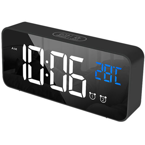 Réveil numérique LED pour chambre à coucher, horloge électronique avec thermomètre, 2 alarmes, fonction snooze, 4 niveaux de luminosité, horloge miroir, chargement USB pour chevet, bureau