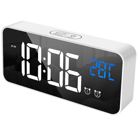 Réveil numérique LED pour chambre à coucher, horloge électronique avec thermomètre, 2 alarmes, fonction snooze, 4 niveaux de luminosité, horloge miroir, chargement USB pour chevet, bureau
