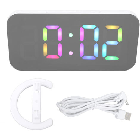 Réveil numérique LED RGB 6,5 pouces avec miroir intelligent et couleurs dynamiques pour chambre, dortoir ou bureau, blanc