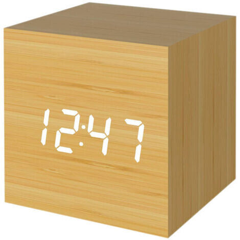 Réveil numérique, lumière LED en bois Mini réveil de bureau cube moderne affiche heure date température pour enfants, chambres, maison, dortoir, style de voyage, Ensoleillé