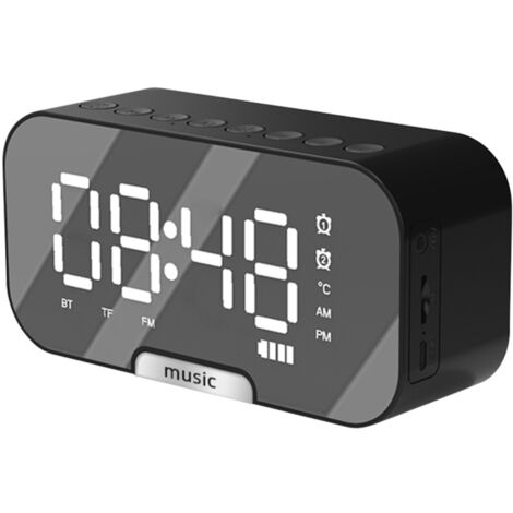 Réveil numérique miroir, Bluetooth, radio FM, température, double alarme, 3 luminosités, support téléphone
