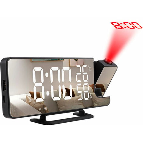 Réveil numérique miroir, horloge à projection de l'heure, deux réveils, 6 niveaux de luminosité, alimentation USB affichage de la température et de l'humidité radio (sans batterie)