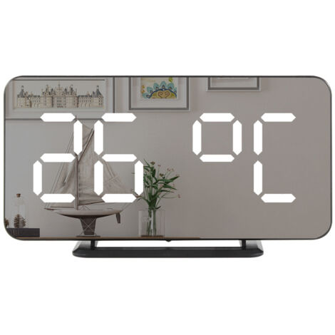 Réveil numérique miroir LED, affiche température, double alarme avec snooze, format 12/24h, 3 luminosités, mural ou bureau, pour chambre salon ou bureau