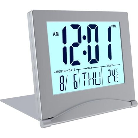 AUTRES Réveil Numérique Pliable LCD Horloge Digitale avec Rétro-éclairage - Horloge de Table avec Indication du Jour, Date et Température - Horloge Calendrier avec Date Jour et Heure - Argent