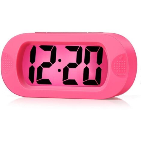 Réveil numérique pour enfants avec fonction snooze et veilleuse – Grand écran LCD – Boîtier en silicone antichoc – Compact et léger – Rose