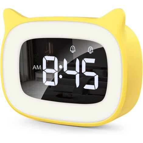 Réveil numérique pour enfants avec veilleuse , réveil pour enfants, Réveil chat mignon, lampe de chevet，Réveil-jaune