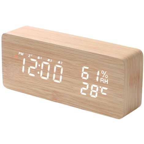 Réveil Numérique Radio-Contrôlé avec 3 Alarmes Indépendantes et Fonction Snooze–Reveil Bois avec Affichage de la Date, de la Température, Réglage du Volume et de la Luminosité