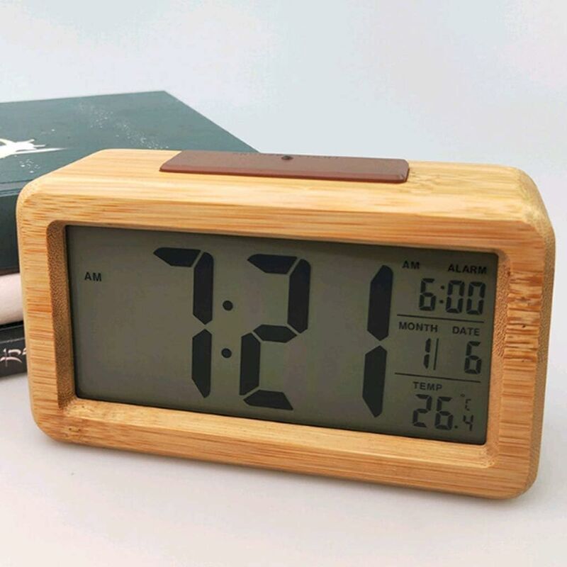 -Réveil numérique radio-piloté horloge de table réveil étanche en bois massif avec thermomètre, calendrier et fonction snooze - bambou