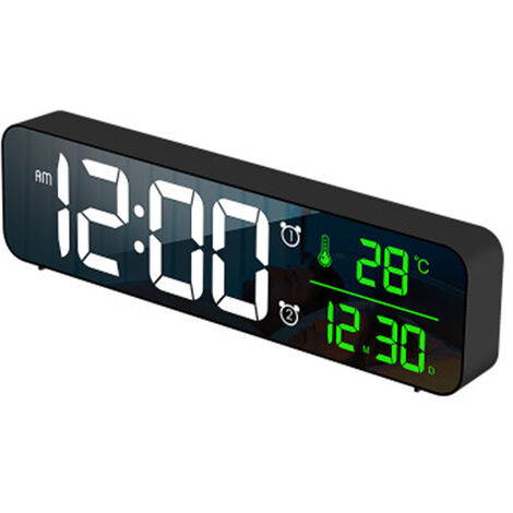 Réveil numérique, réveil LED Horloge murale à miroir numérique Horloge de table à grands chiffres avec affichage de la température de la date, réveil numérique USB, luminosité réglable, noir