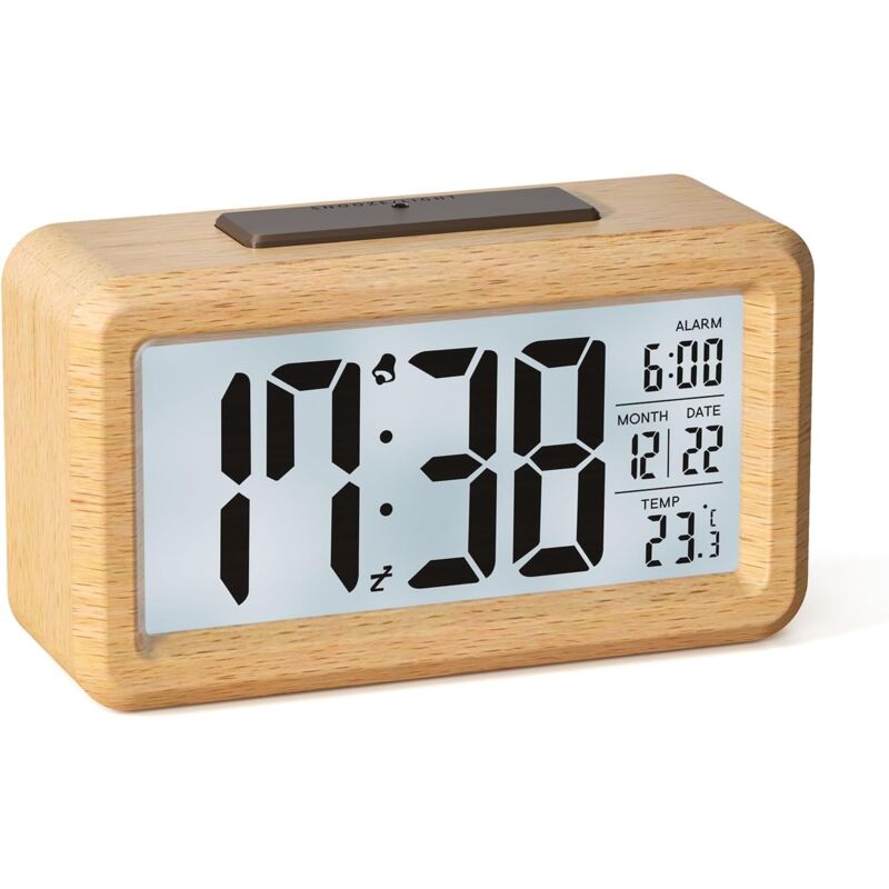 Reveil Numerique, Reveil Matin a Piles en Bois avec Grand écran LCD, Horloge Numérique avec Rétroéclairage, Date, Température, Capteur de Lumière