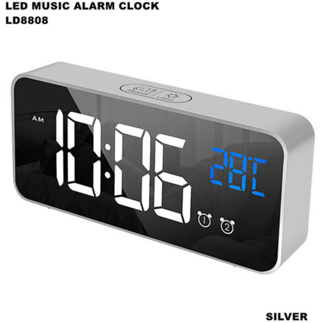 Réveil numérique, réveil matinal numérique miroir LED grand écran température/snooze/2 alarmes, luminosité et son réglables, activé par le son, horloge de charge USB pour bureau