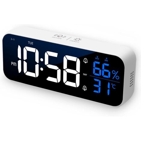 Réveil numérique, réveil numérique LED avec fonctions de contrôle de l'alarme/snooze/température/son Réveil numérique, miroir rechargeable USB 12/24 heures pour chambre bureau blanc